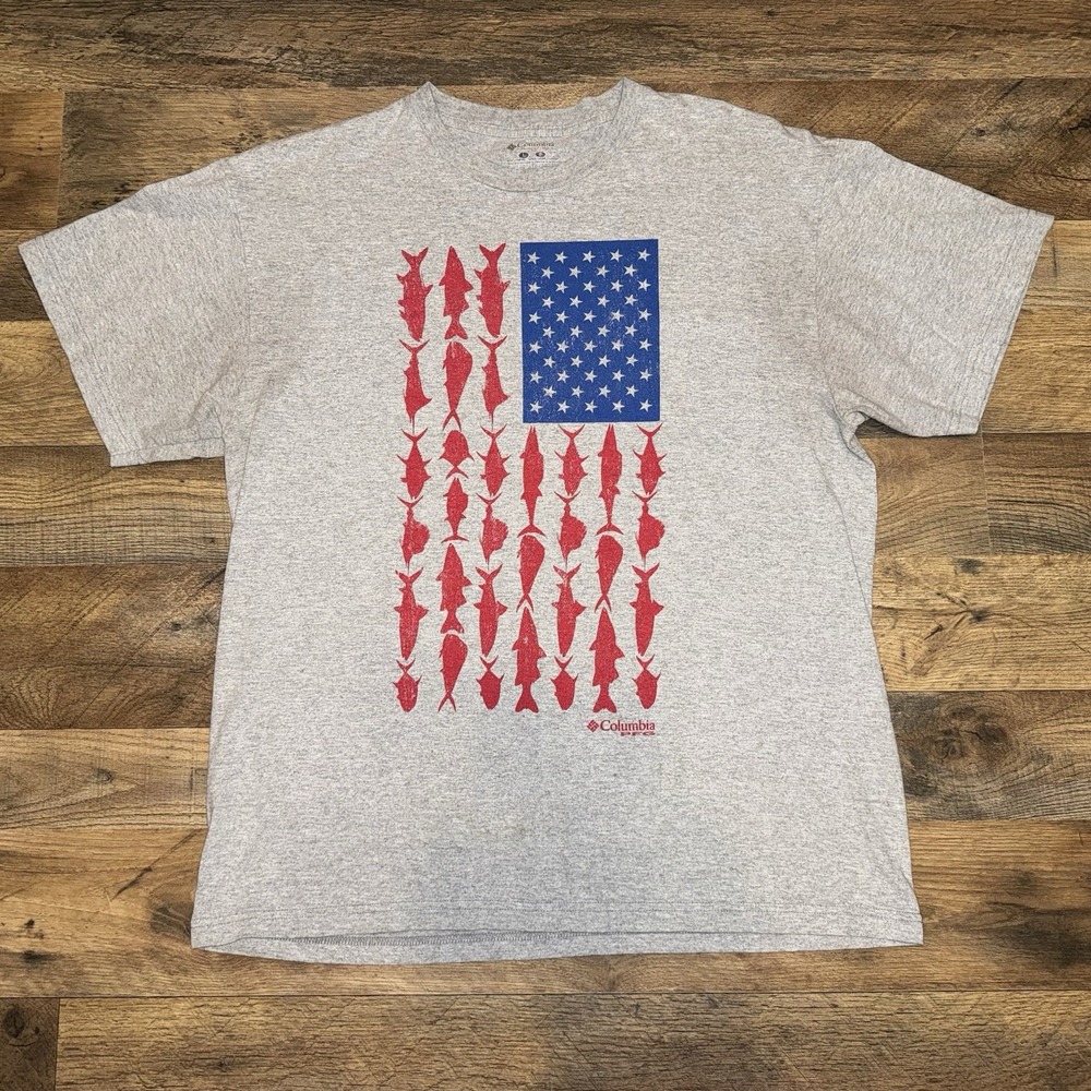 Columbia T-Shirt Mens Large Gray Excellent PFG American Flag Fish Graphic‎ Tee